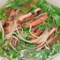 Grilled Chicken Rice Noodle (Pho) · Juicy tender chicken marinated with fresh Asian herbs and seasoning grilled to perfection se...