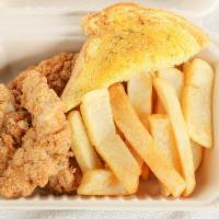 Chicken Tenders With Fries · Breaded chicken strips with season fries and Texas toast.