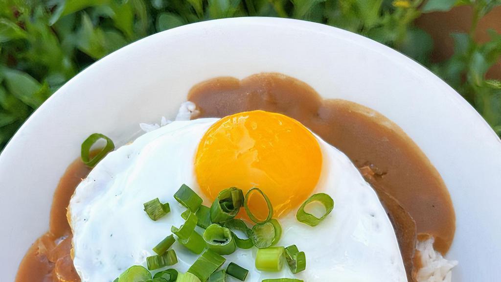 Loco Moco Bowl · Ground beef burger patty smothered in house brown gravy over a bed of fluffy sticky rice.