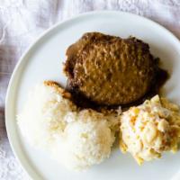Hamburger Steak Plate · The plate includes 1 scoop of rice and 1 scoop of macaroni salad.