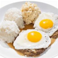 Loco Moco Plate · The plate includes 2 scoops of rice and 1 scoop of macaroni salad.