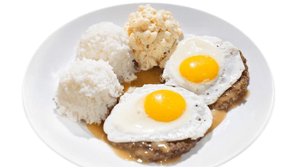 Loco Moco Plate · The plate includes 2 scoops of rice and 1 scoop of macaroni salad.