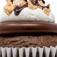 S'Mores Cupcake · Chocolate cake, chocolate fudge, graham crackers, and marshmallow