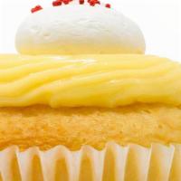 Vegan Strawberry Blonde - Cupcake · White cake, strawberry filling, vanilla cream, and vanilla mousse