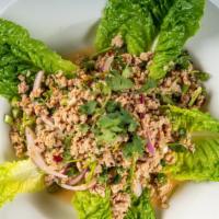 Larb · Hot and spicy. Choice of minced chicken or pork mixed with red and green onions, cilantro, a...