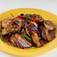 Spicy Eggplant · Hot and spicy. Beautiful large eggplant slices stir-fried with chili, fresh basil, onions, g...