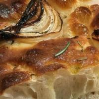 Charred Onion & Rosemary Focaccia · charred onion with rosemary and olive oil