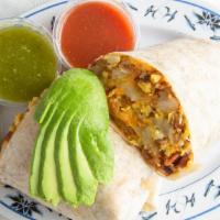 Regular Breakfast Burrito · Eggs, Cheddar Cheese, Hash Browns, and your choice of Protein.
