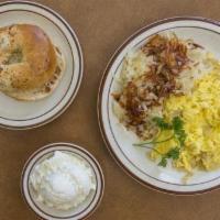 Eggs & Onions Scrambled · Served with Toast, Gluten Free Bagel, Roll or English Muffin and choice of Potatoes, Tomatoe...
