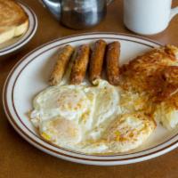 Turkey Sausage & Eggs · Served with Toast, Gluten Free Bagel, Roll or English Muffin and choice of Potatoes, Tomatoe...