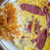 Corned Beef & Eggs · Served pancake style. Served with Toast, Gluten Free Bagel, Roll or English Muffin and choic...