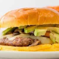 California Burger · Fresh grilled mushrooms, grilled onions, avocado, tomato and Swiss cheese.