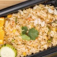 Happi'S Thai Fried Rice · Stir-fry Jasmine rice with case-free eggs, peas, carrots, peppers, onions, green onions and ...
