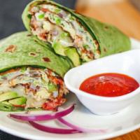 Breakfast Burrito · Served on a spinach tortilla , With Red onions, Bell peppers,tomatoes, Spinach , Mushrooms