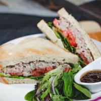 Tuna Salad Sandwich · Tuna Mix (Celery, Red Onions & Mayo), Mixed Greens & Sliced Tomato