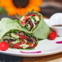 Veggie Wrap · Avocado, Grilled Red Onions, Grilled Bell Pepper, Grilled Mushrooms, Tomato, Spinach & Hummus