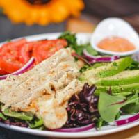 Grilled Chicken Salad · Grilled Chicken Breast, Avocado, Mixed Greens, Red Onions, Tomato