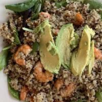 Quinoa Shrimp Salad · Grilled shrimp, quinoa, spring mix, avocado, mexican salsa and chipotle sauce.