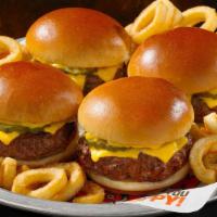 Burger Sliders · Grilled mini burgers topped with American cheese, mustard, pickle and curly fries.