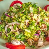 Chicken Caprese Salad · Fresh mozzarella, roma tomatoes, romaine, bacon, asparagus and basil vinaigrette