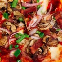 Sofra Special · Beef pepperoni, turkey Canadian bacon, mushrooms, onions, green peppers, turkey bacon.