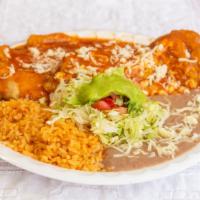 Chile Relleno · Two chile relleno (cheese) served with rice, beans, garnish salad, and tortillas.