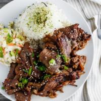 Teri Beef · Thinly sliced, marinated sirloin charbroiled then glazed with hh's teriyaki sauce. (Rice and...