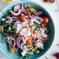 Vegan Salad · Arugula, sliced almonds, radicchio, cucumber, red onion, radish, cherry tomatoes, celery, le...