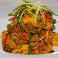 Chicken Choila · Chicken breast with marinated with himalayan sauce, bell pepper, onion, green onion, cooked ...