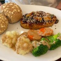 Grilled Teriyaki Chick'N · Tender grilled vegan chicken patty with our secret teriyaki sauce, eryngii mushroom slices, ...