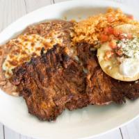 Carne Asada · Gluten free. Tender, marinated skirt steak - grilled and topped with grilled green onion. Se...