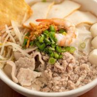 House Noodle · Clear broth noodle soup with rice noodles, ground pork, sliced pork, fish balls, fish cake, ...