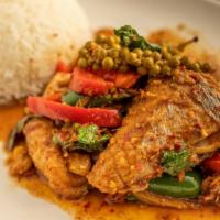 Catfish With Chili Sauce · Spicy. Deep-fried sliced catfish stir-fried with chili paste, mint leaves, and red bell pepp...
