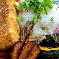 Tofu Katsu Curry Donburi · spring vegetables, pickled onions & ginger, steamed rice, negi