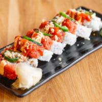 Fire Cracker Roll · Spicy tuna, jalapeño, and sriracha on top of shrimp tempura roll.