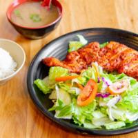 Spicy Grilled Chicken · Spicy. Served with miso soup and rice.