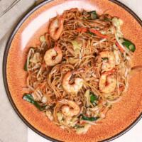 Shrimp Fried Noodle · Seven pieces of shrimp, cabbage, bean sprout, green onion, carrot, and onion.