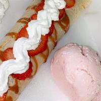 Tutis Crepes · Strawberry Nutella drizzle of chocolate with cream and a scoop of your choice of ice cream