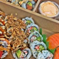 Mixed Combo · SLATER ROLL, spicy salmon roll, crunchy california roll, california roll, salmon nigiri