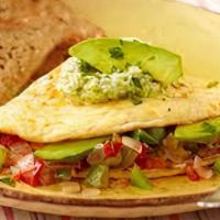 Hotel California Omelette · bacon, tomato, green peppers, filled and topped with American cheese and avocado