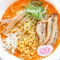 Tonkotsu Miso Ramen · Pork bone broth, miso base, thick noodle, pork chashu, corn, green onion, bean sprout, bambo...