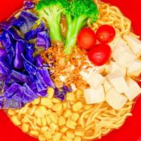 Vegetable Miso Ramen · Vegetable broth, miso base, vege noodle, tofu, corn, shiitake mushroom, fried onion, broccol...