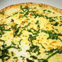 Six Cheese Pizza · Provolone, mozzarella, bel paese, Asiago, romano and Parmesan with garlic olive oil sauce an...