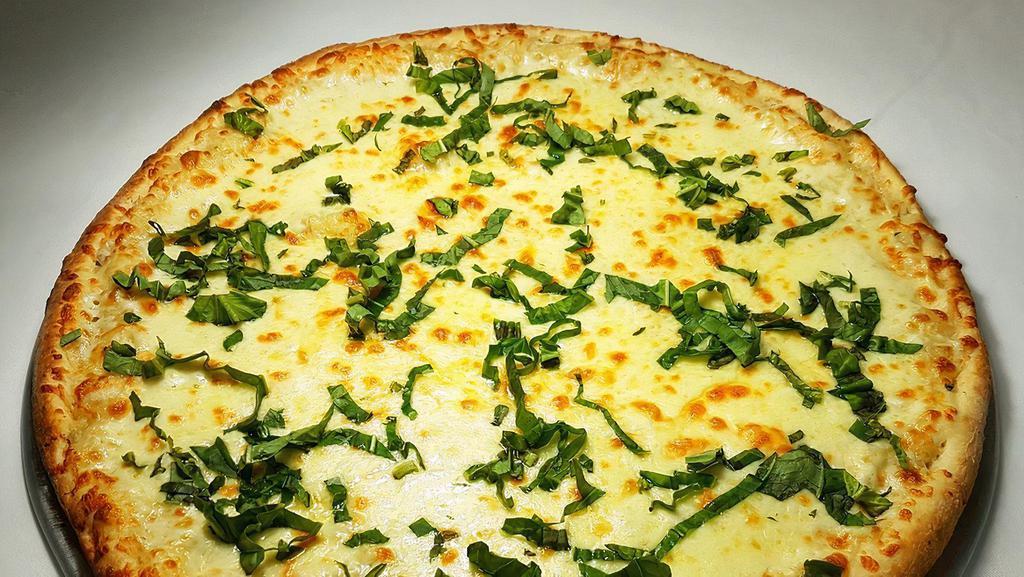 Six Cheese Pizza · Provolone, mozzarella, bel paese, Asiago, romano and Parmesan with garlic olive oil sauce and basil.