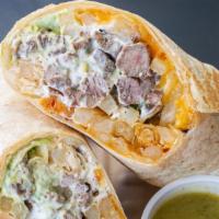 California Burrito · Gluten free option is available upon request. Marinated steak, Monterrey cheese, guacamole, ...