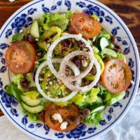 Greek Salad Platter · Lettuce, Onion, Tomatoes, Feta Cheese, Kalamata Olives, Pepperoncini, Sumac