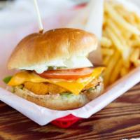 Chicken Burger · Chicken Breast, Thousand Island Spread, Mayo, Lettuce, Tomatoes, Pickles, Onion