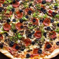 The Thing · Pepperoni, sausage, mushrooms, meatballs, onions, olives & green bell peppers.