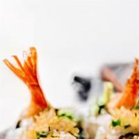 Shrimp Tempura · Crab meat, shrimp tempura with avocado and cucumber (in), eel sauce and sesame seeds (toppin...