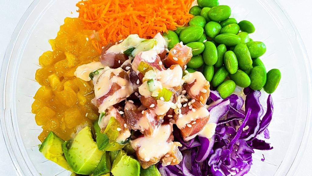 Rainbow Poke Bowl · ahi tuna, red cabbage, carrot, edamame, green onion, sesame seeds, steamed white rice, ponzu sauce